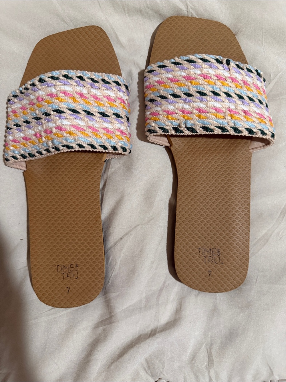 Time and Tru Pink Multicolor Braided Slide Sandals with Tan Footbed